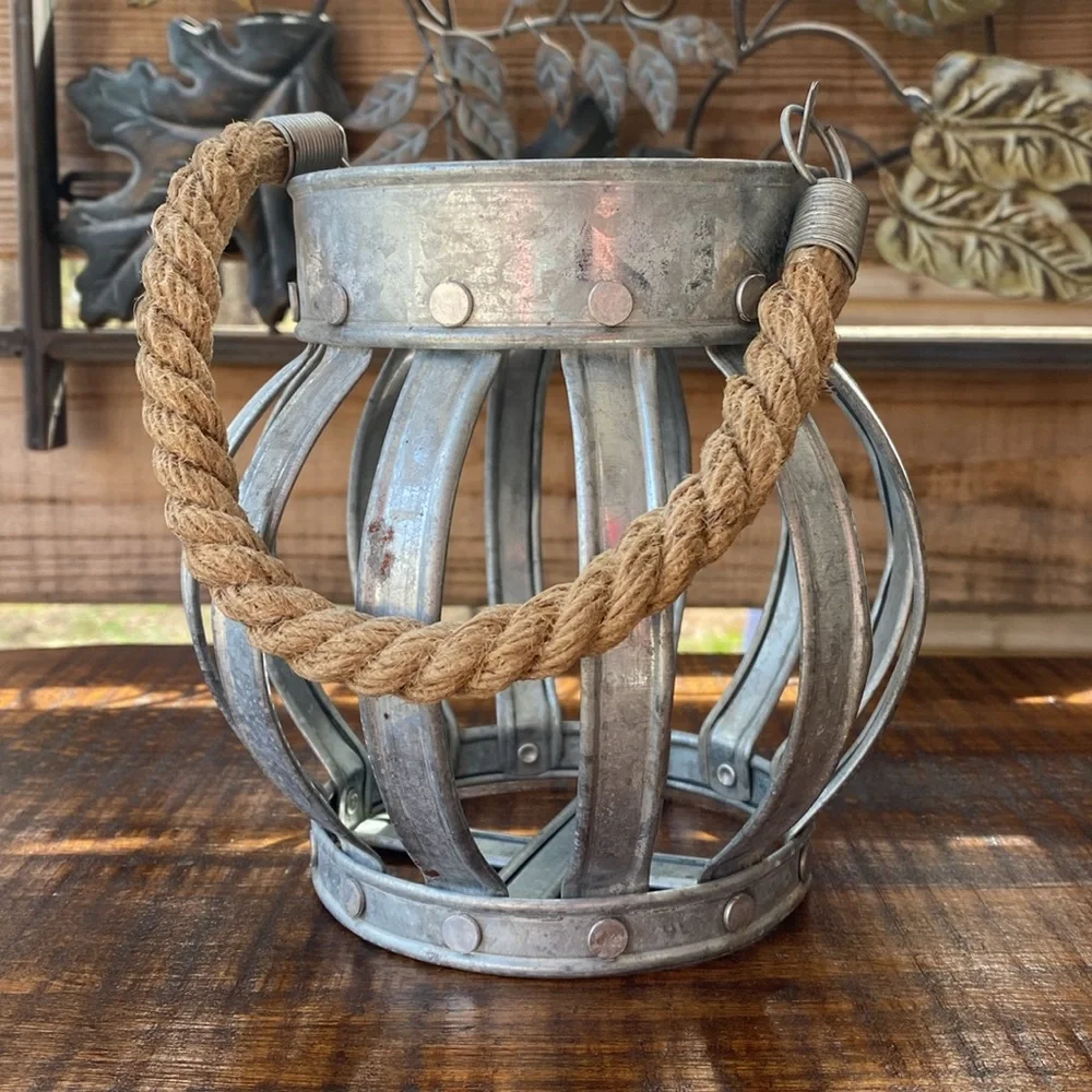 Rustic Farmhouse Galvanized Metal Crown Candle Holder Lantern with Rope Handle